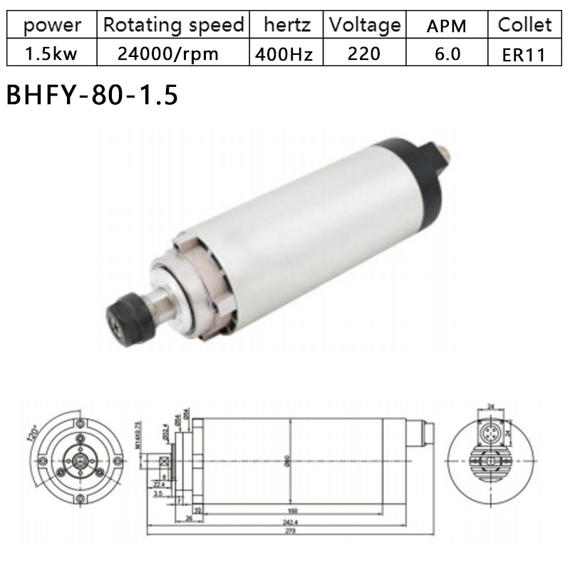 HOLRY CNC Spindle Motor for Wood Metal Milling Air Cooled 1.5kw 220V 24000RPM High Quality Spindle Motor 