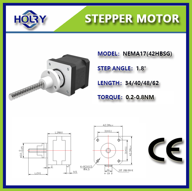 Holry Tr8 Lead Screw Direct Drive Stepper Motor Nema 17: External 42mmx62mm Bipolar 200 Steps/Rev 1.8 Degree 2 A/Phase