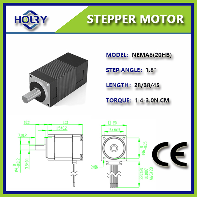NEMA 8 20 × 20mm .68 A 1,8 ° 0,6nm motor stepper hibrida dengan rem